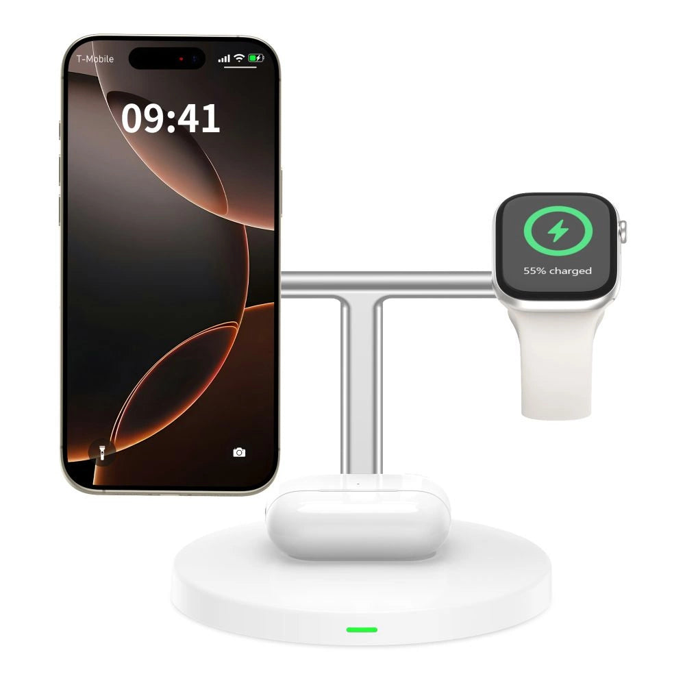 Tech-Protect QI15W-A35 3-i-1-induktiv oplader med MagSafe til telefon / AirPods / Apple Watch - hvid