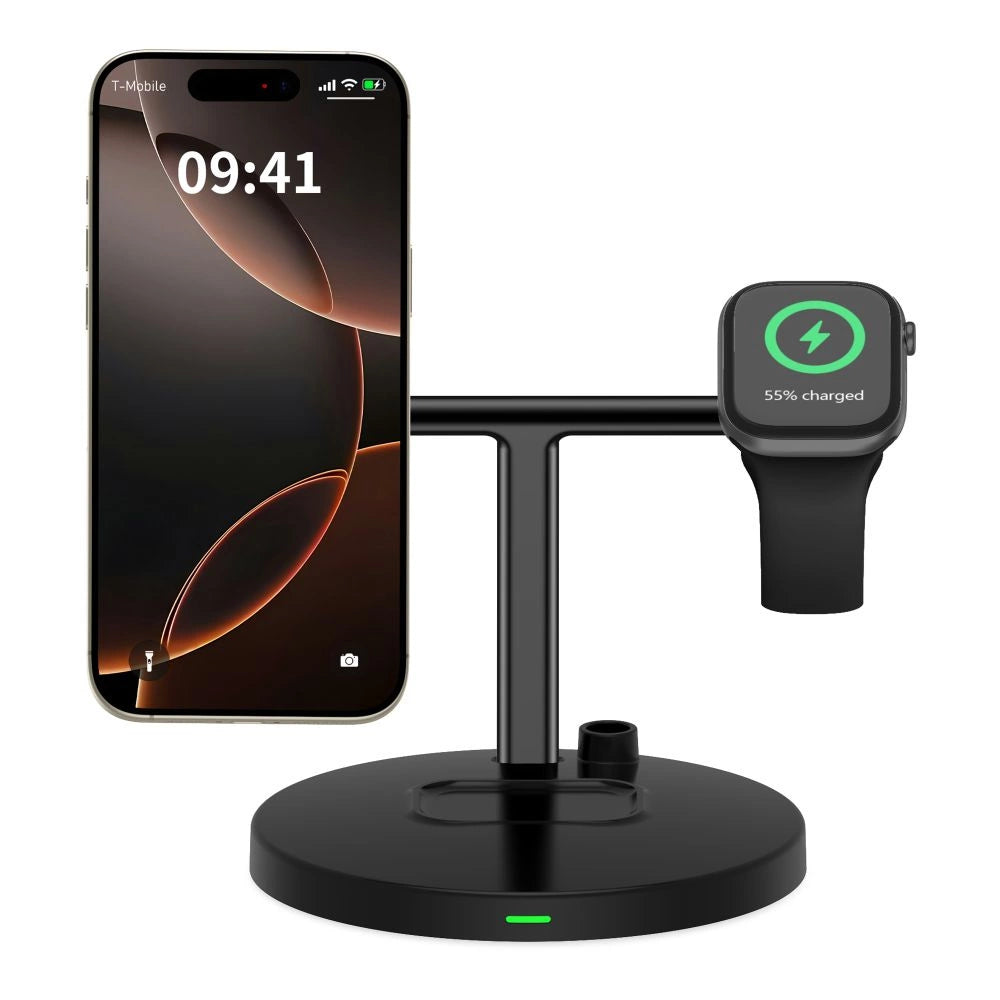 Tech-Protect QI15W-A35 3-i-1-induktiv oplader med MagSafe til telefon / AirPods / Apple Watch - sort