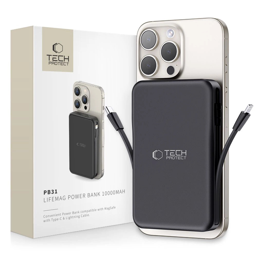Tech-Protect LifeMag PB31 Power Bank med MagSafe 10000mAh 15W USB-C / USB-A / Indbygget USB-C / Lightning Kabler - sort