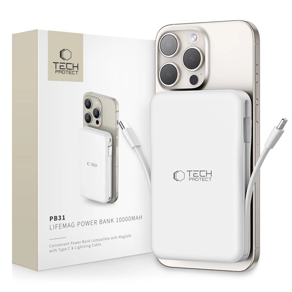 Tech-Protect LifeMag PB31 Power Bank med MagSafe 10000mAh 15W USB-C / USB-A / Indbygget USB-C / Lightning Kabler - hvid