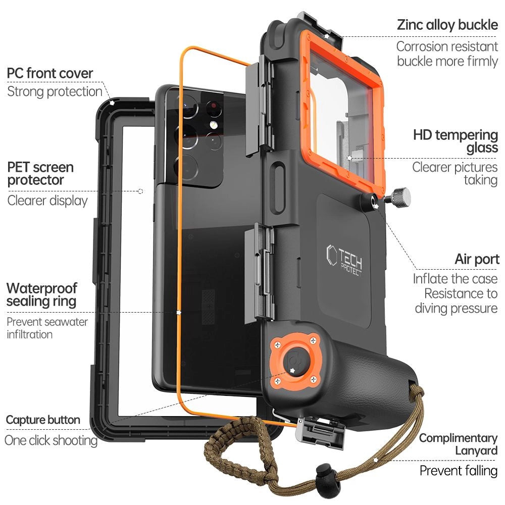 Tech-Protect Waterproof Case IPX8 til 4.7-6.7" Smartphones - sort og orange