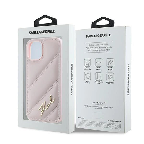 Karl Lagerfeld Diagonal Quilted Script case for iPhone 15 Plus / 14 Plus - pink