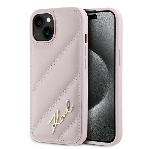 Karl Lagerfeld Diagonal Quilted Script Case til iPhone 15 / 14 / 13 - pink