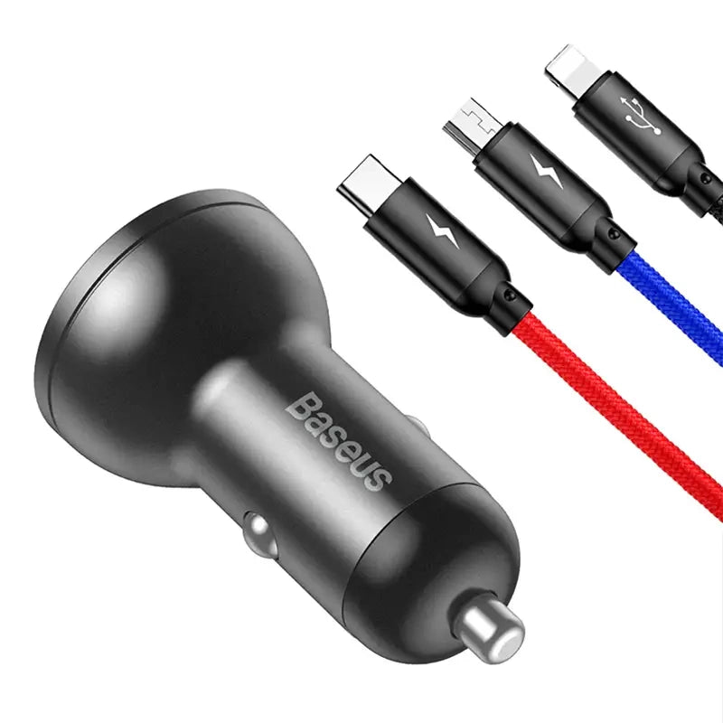 Baseus Biloplader med skærm 24W + USB-kabel 3in1 Baseus Tre Primære Farver 1,2m