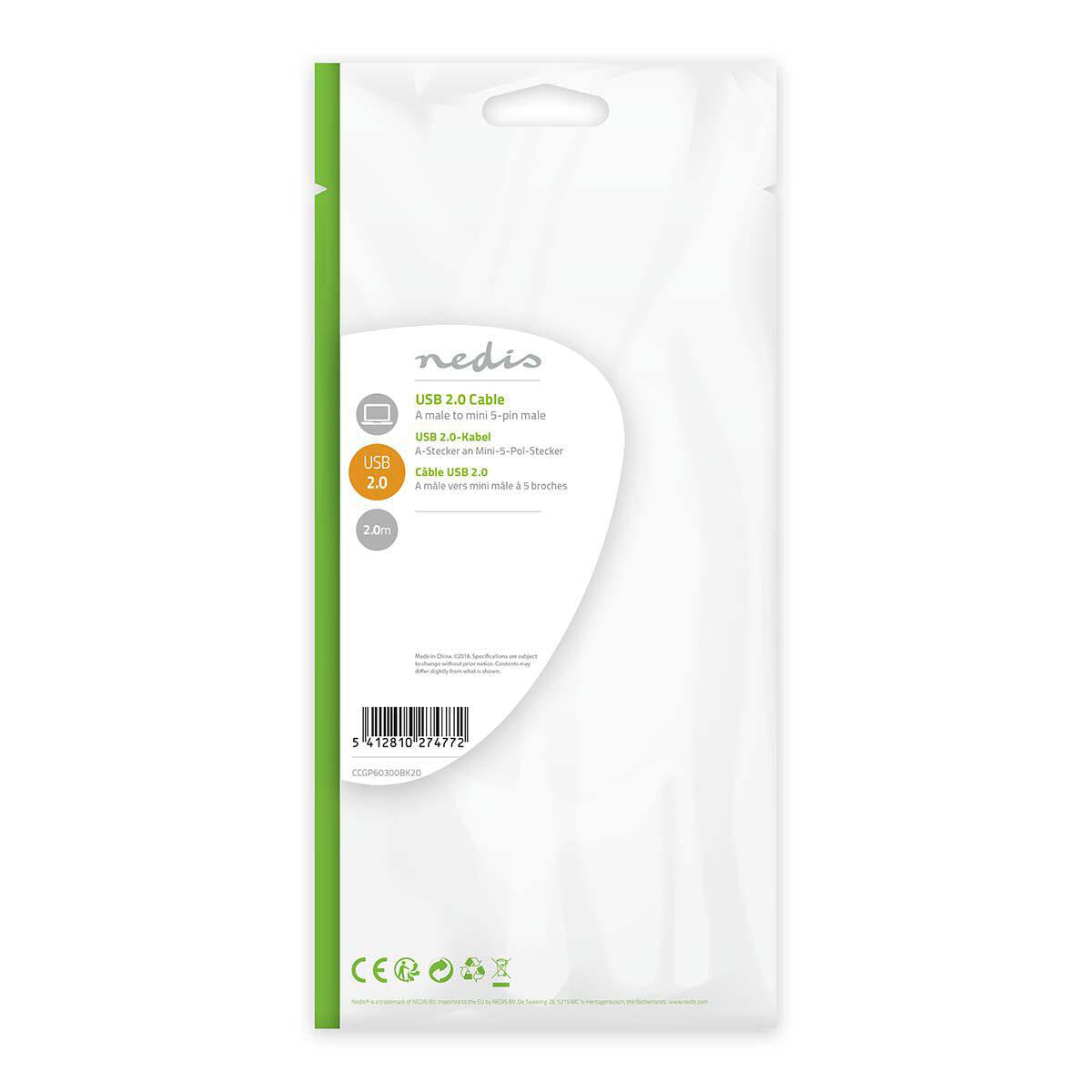 Nedis CCGP60300BK20 USB-kabel USB 2.0 2 m USB A Mini-USB B 0,48 Gbit/sek. Sort