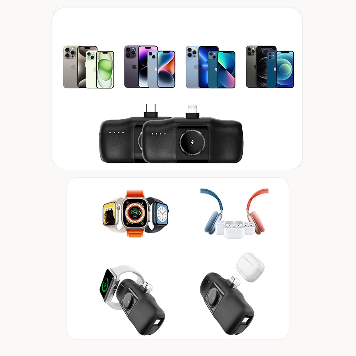 Wozinsky WF16-YCS 5000mAh 15W USB-C Mini Power Bank med indbygget USB-C-kabel og Apple Watch-oplader - sort