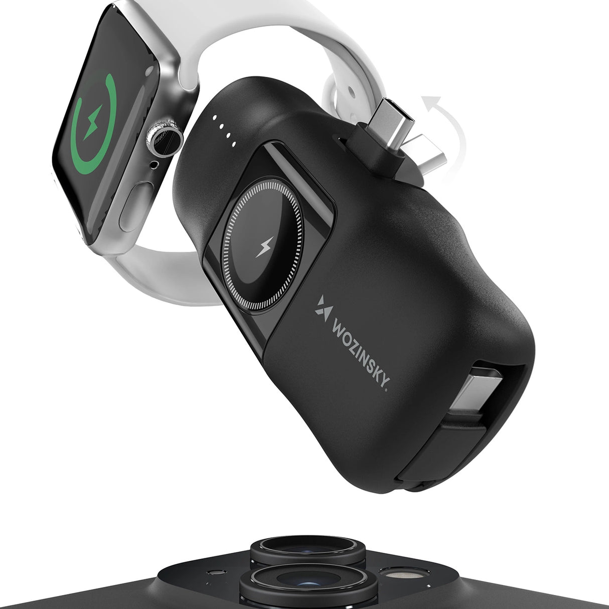 Wozinsky WF16-YCS 5000mAh 15W USB-C Mini Power Bank med indbygget USB-C-kabel og Apple Watch-oplader - sort