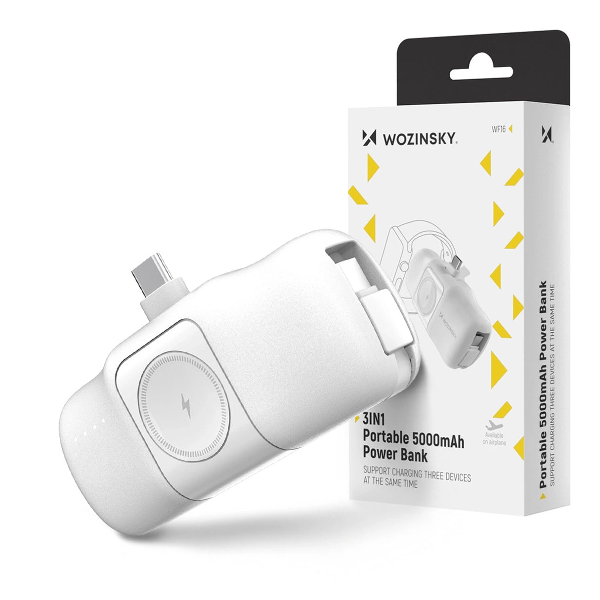 Wozinsky WF16-YCS 5000mAh 15W USB-C Mini Power Bank med indbygget USB-C-kabel og Apple Watch-oplader - hvid