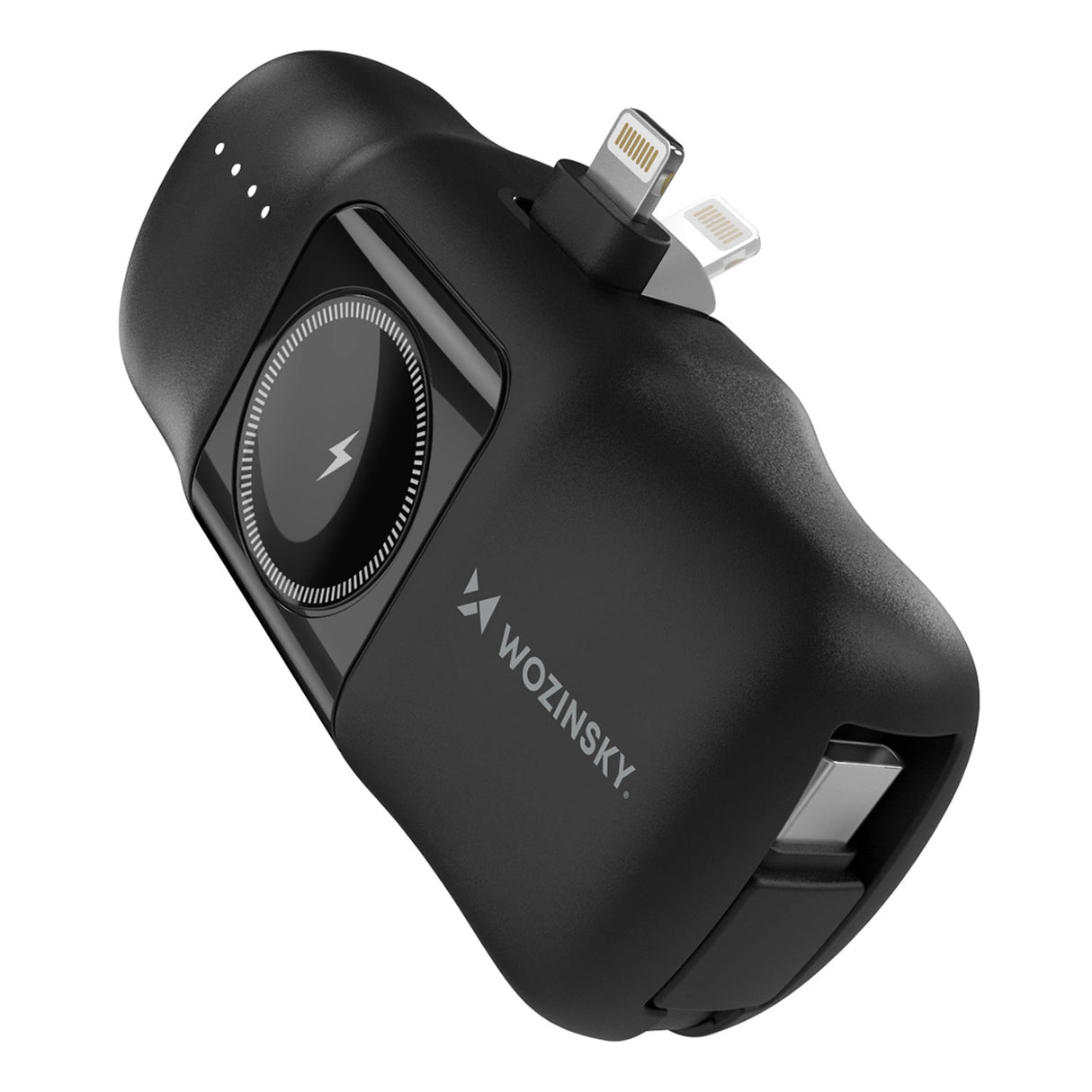 Wozinsky WF16-YLS 5000mAh 15W Lightning Mini Power Bank med indbygget USB-C-kabel og Apple Watch-oplader - sort