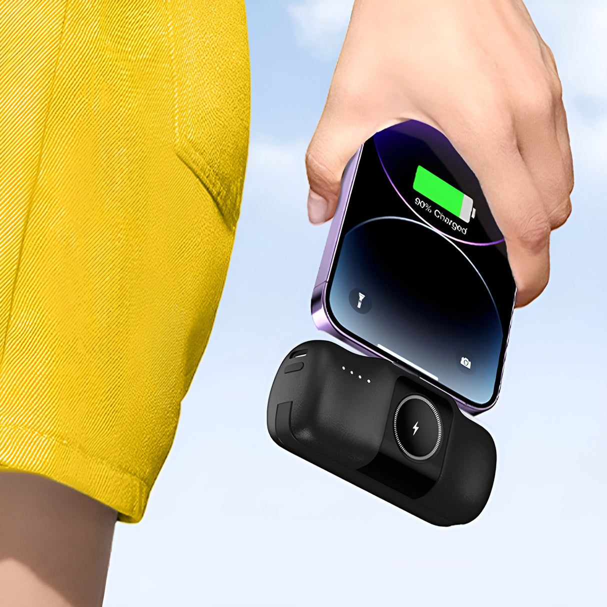 Wozinsky WF16-YLS 5000mAh 15W Lightning Mini Power Bank med indbygget USB-C-kabel og Apple Watch-oplader - sort