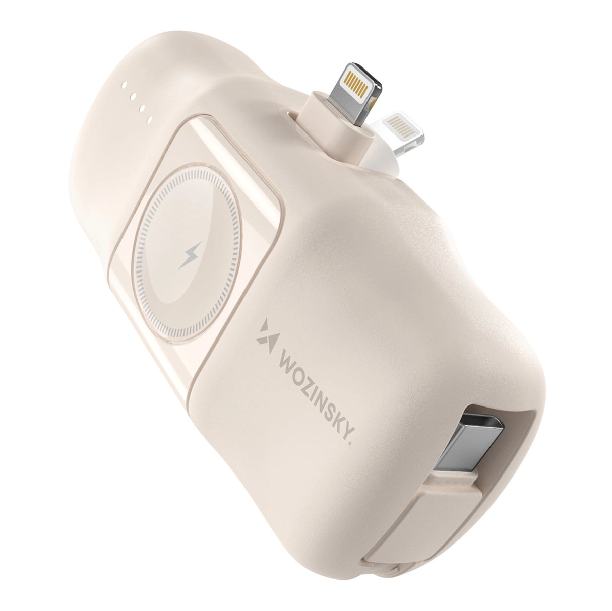 Wozinsky WF16-YLS 5000mAh 15W Lightning Mini Power Bank med indbygget USB-C-kabel og Apple Watch-oplader - Beige