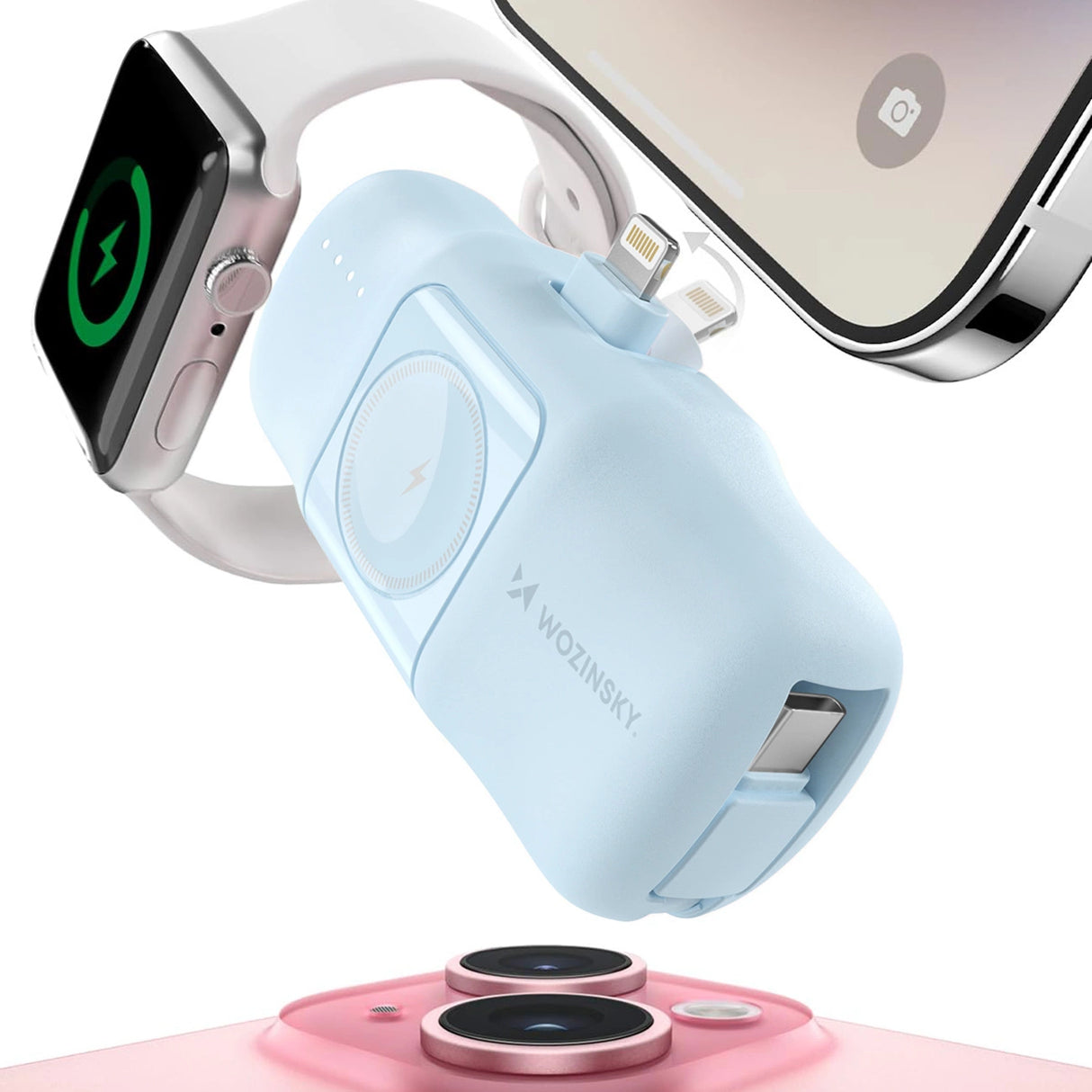 Wozinsky WF16-YLS 5000mAh 15W Lightning Mini Power Bank med indbygget USB-C-kabel og Apple Watch-oplader - Blå