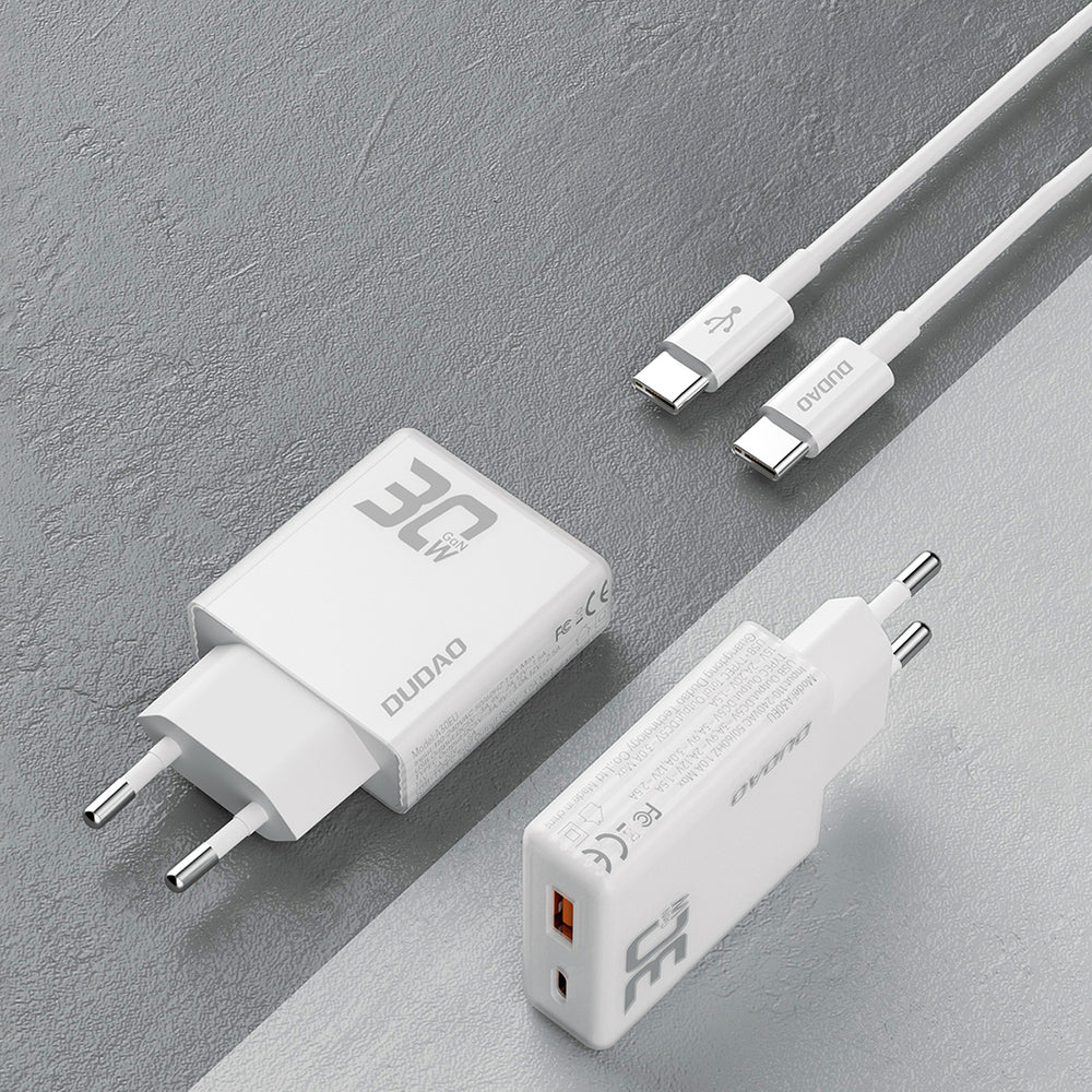 GaN Dudao A30EUT 30W USB-A / USB-C Wall Charger + USB-C - USB-C Cable - Hvid