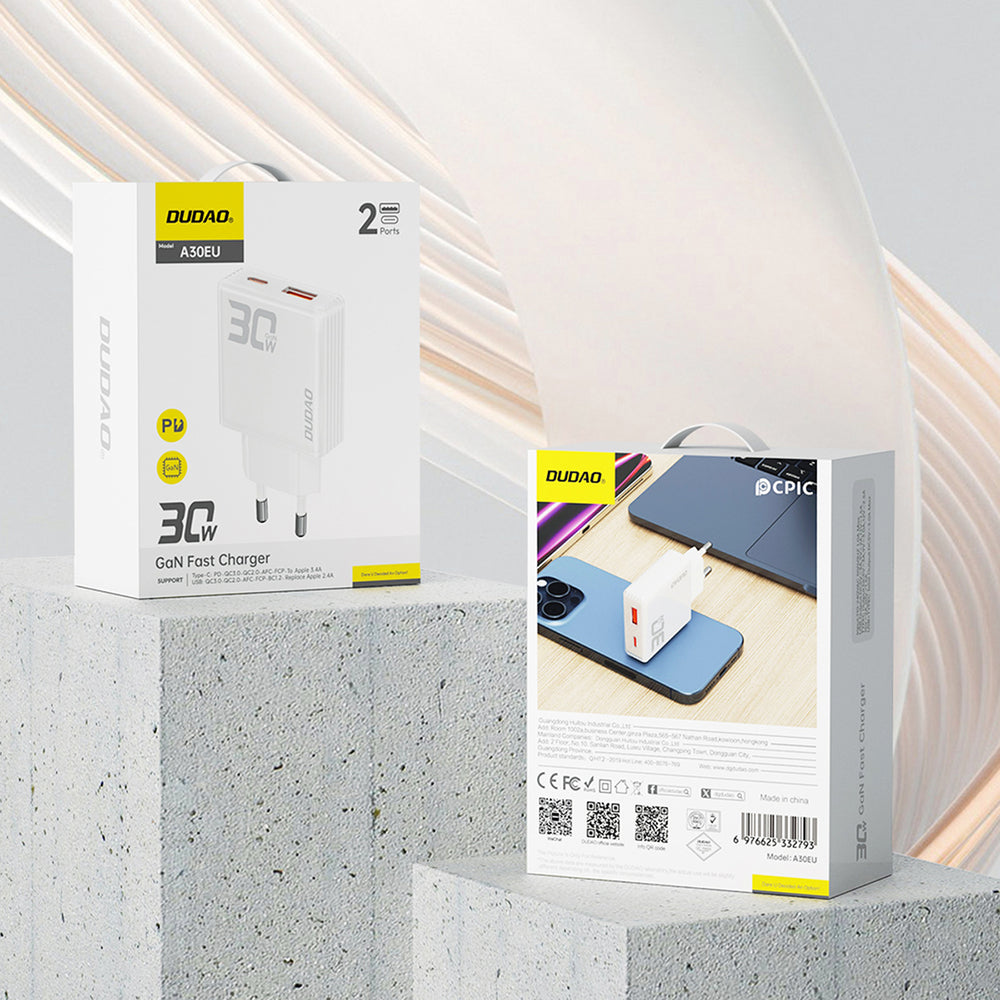 GaN Dudao A30EU 30W USB-A / USB-C Wall Charger - hvid