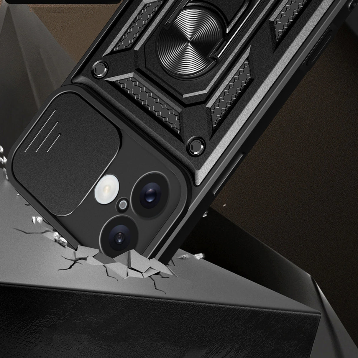 Hybrid Armor Camshield iPhone 16 Armored Case med Camera Cover og Stand - sort