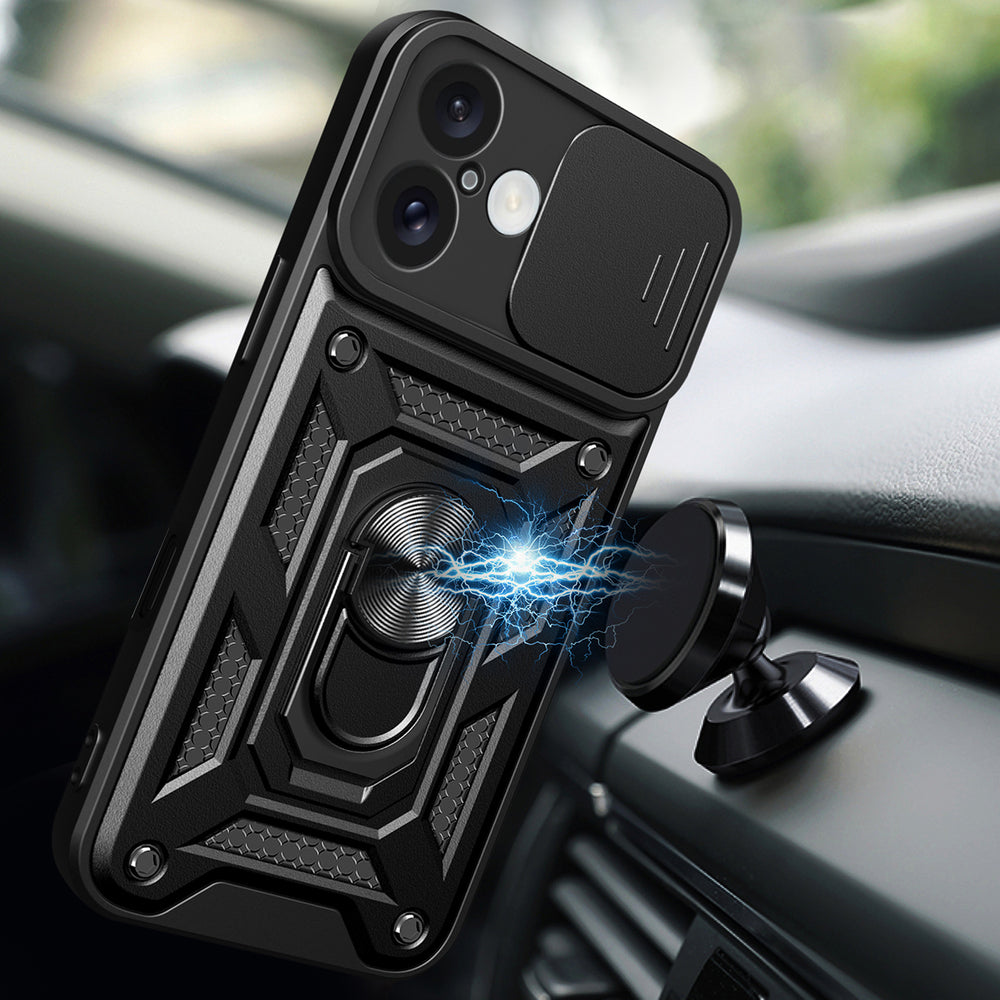 Hybrid Armor Camshield iPhone 16 Armored Case med Camera Cover og Stand - sort