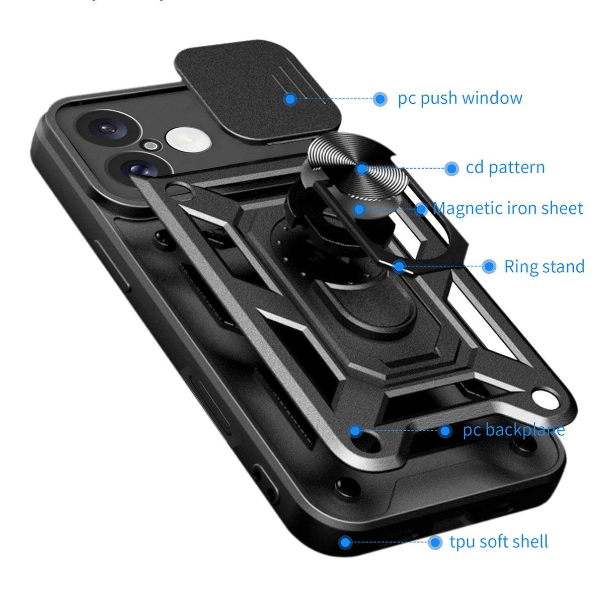 Hybrid Armor Camshield iPhone 16 Plus Armored Case med Camera Cover og Stand - sort