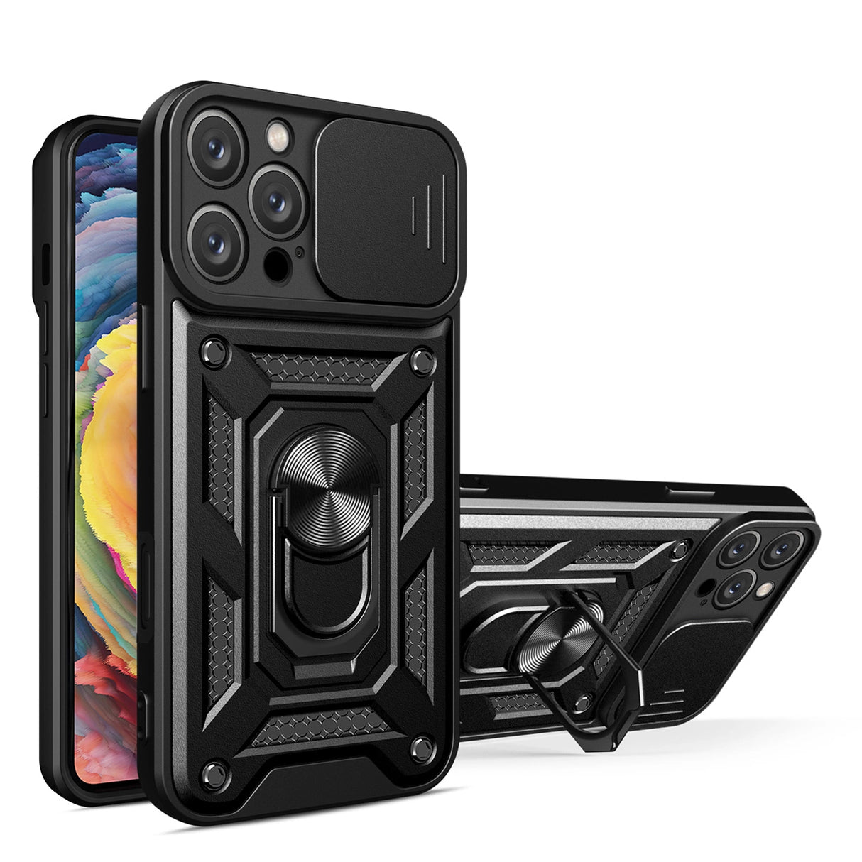 Hybrid Armor Camshield iPhone 16 Pro Max Armored Case med Camera Cover og Stand - sort