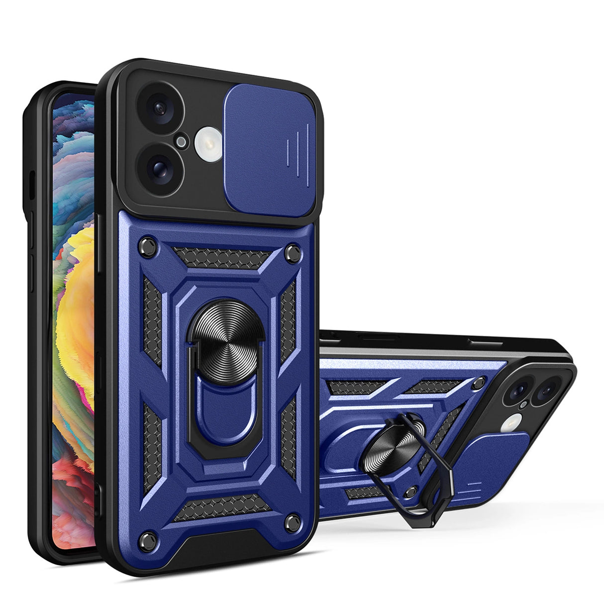 Hybrid Armor Camshield iPhone 16 Case med Camera Cover og Stand - Blå