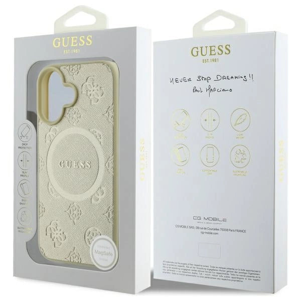 Guess Saffiano Peony Classic Logo MagSafe-fodral til iPhone 16 - guld