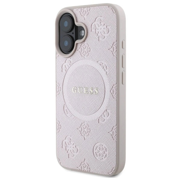 Guess Saffiano Peony Classic Logo MagSafe iPhone 16 Case - Pink