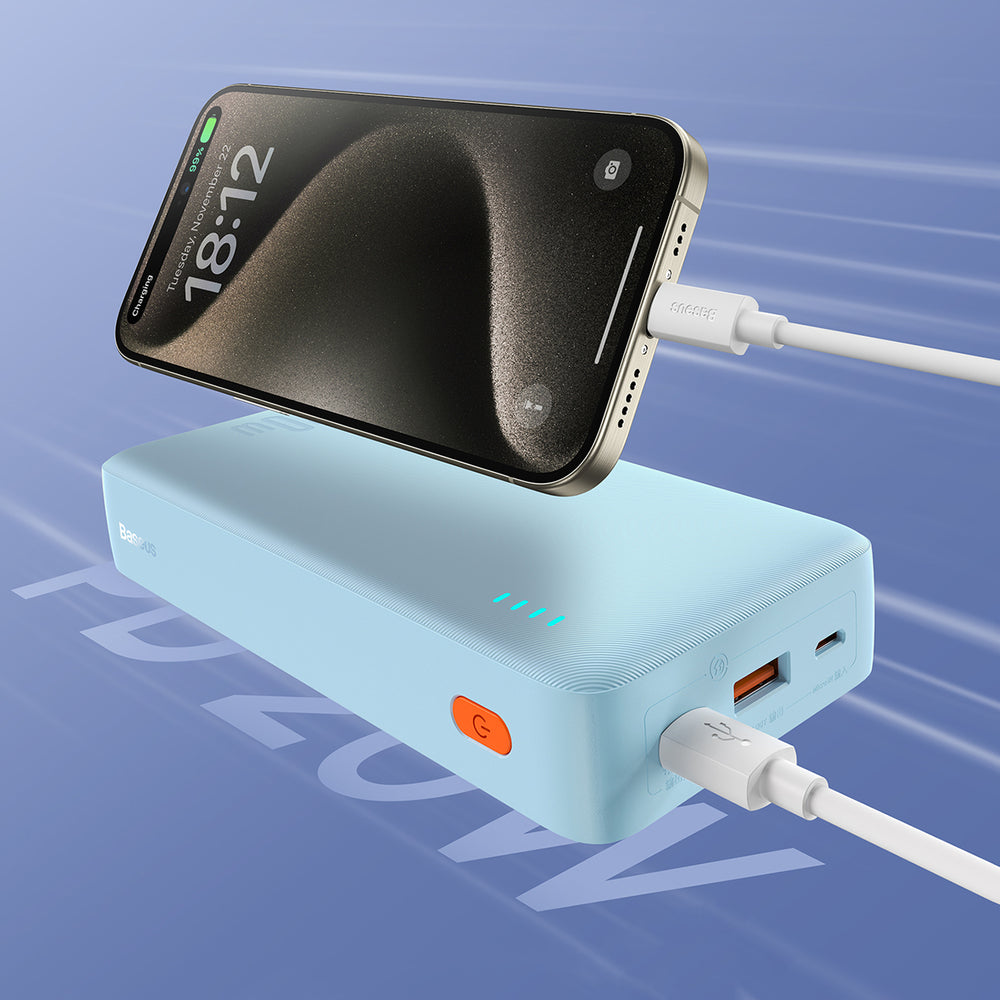 Baseus Airpow 20W 20000mAh Power Bank med hvid Baseus Simple Series USB-A - USB-C 50cm Kabel - Blå
