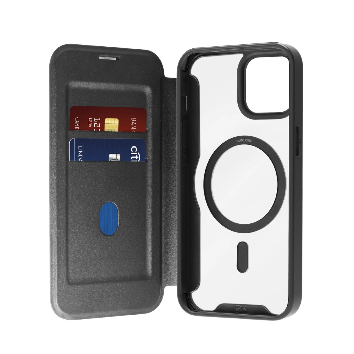 Puro Book Mag MagSafe Leather Case with Flap and Card Slot for iPhone 16 Plus - Black
