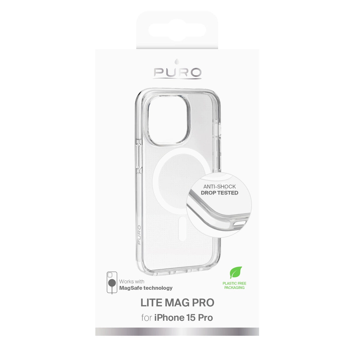 Puro Cover i PC+TPU+TPE med integrerede magneter "LITE MAG PRO" til iPhone 15 Pro, hvid farve