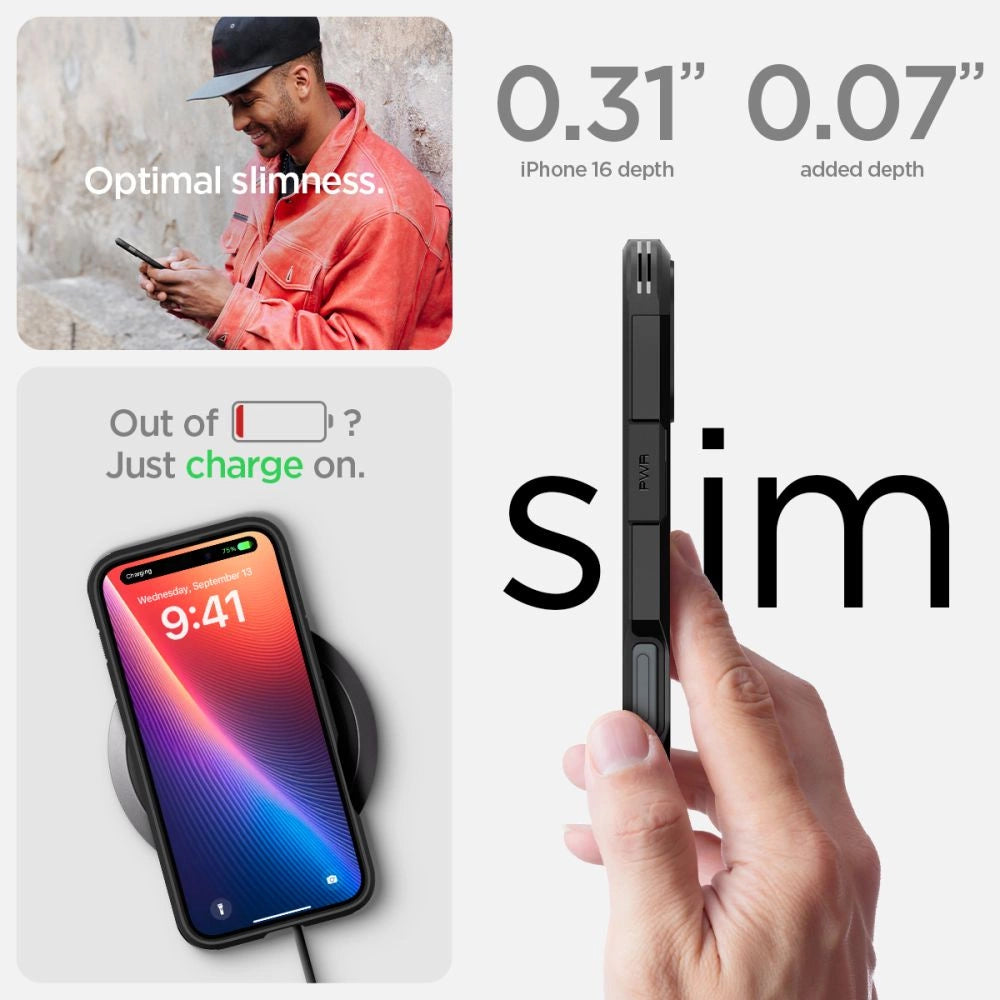 Spigen Tough Armor MagSafe-hylster med stand til iPhone 16 - sort