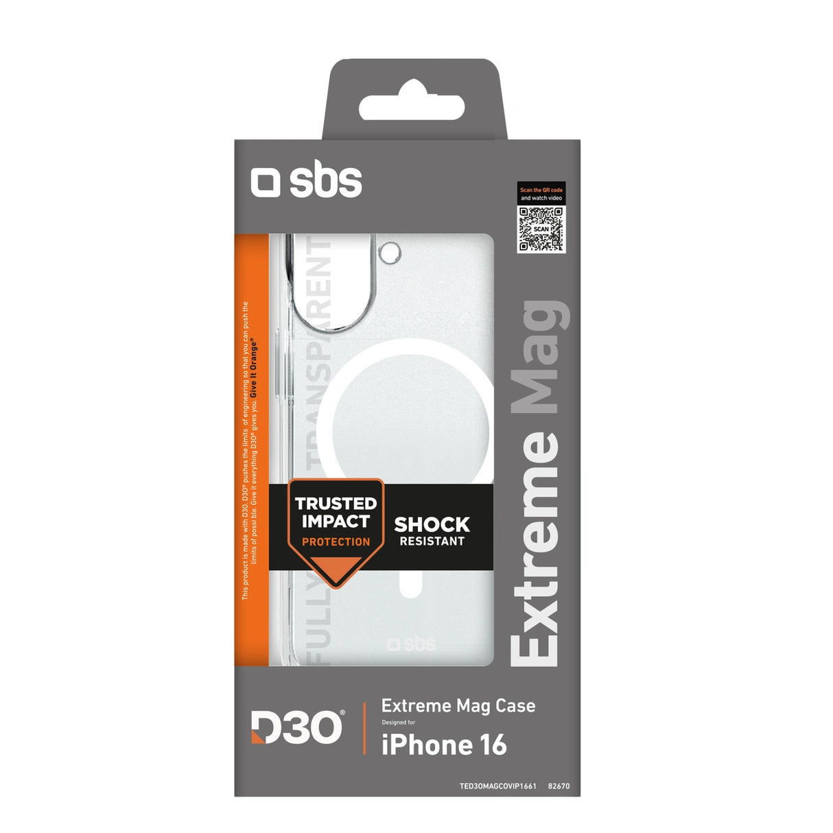 SBS Extreme Mag D3O MagSafe iPhone 16 Case - gennemsigtig