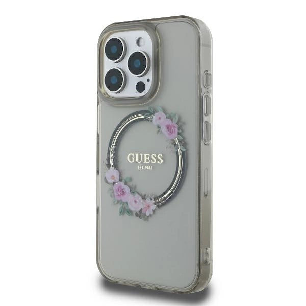 Guess IML Flowers Wreath MagSafe Case for iPhone 16 Pro - Black