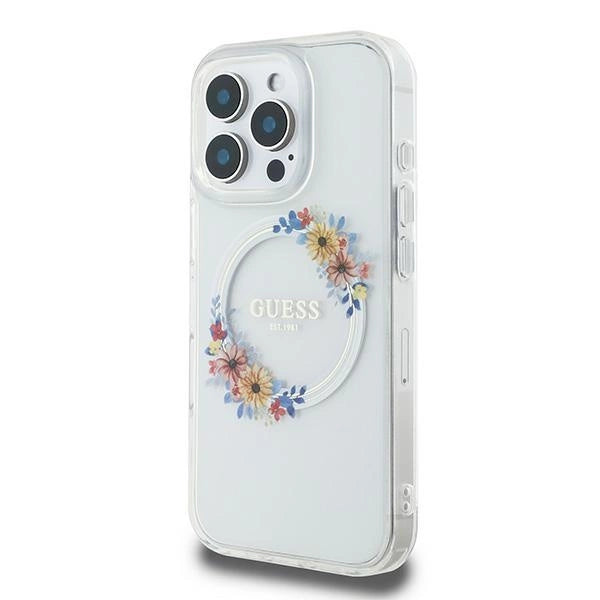 Guess IML Flowers Wreath MagSafe Case for iPhone 16 Pro - Clear