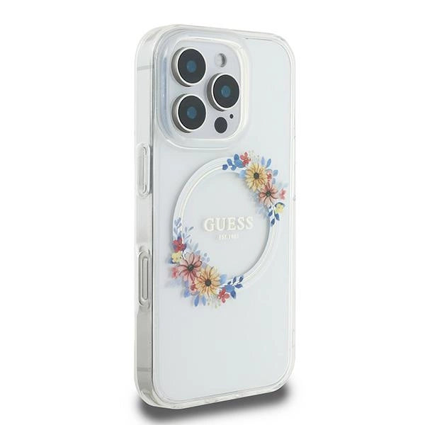 Guess IML Flowers Wreath MagSafe Case for iPhone 16 Pro - Clear