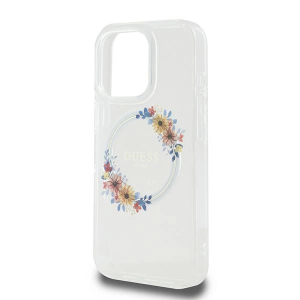 Guess IML Flowers Wreath MagSafe Case for iPhone 16 Pro - Clear