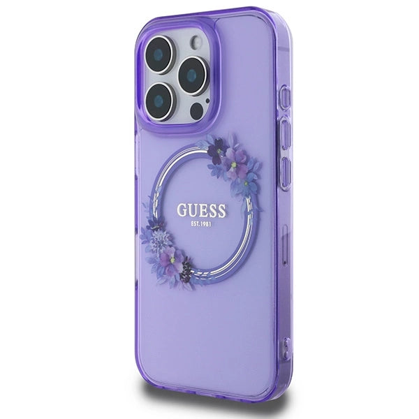Guess IML Flowers Wreath MagSafe iPhone 16 Pro Case - lilla