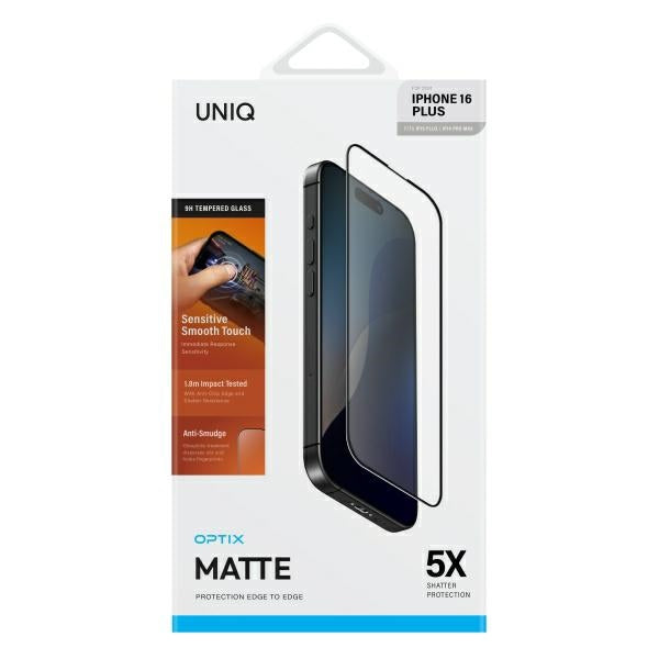 Uniq Optix Matte hærdet glas med applikator til iPhone 16 Plus