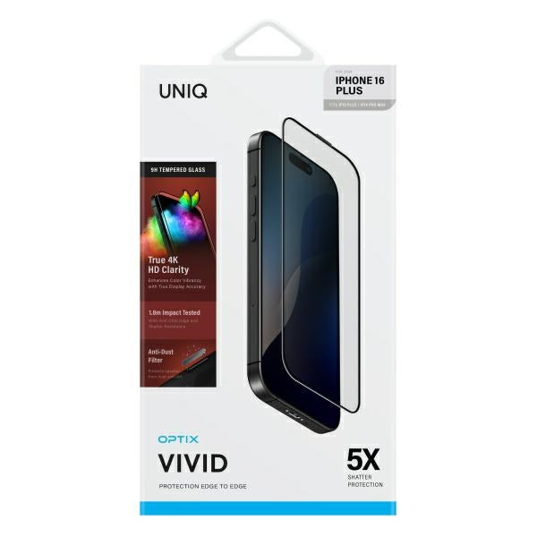 Uniq Optix Vivid hærdet glas med applikator til iPhone 16 Plus