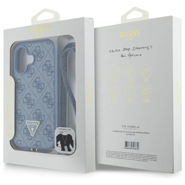 Guess læder Metal Logo Strass Crossbody Case til iPhone 16 - Blå