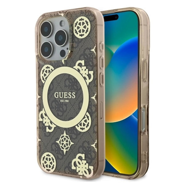 Guess IML Peony på 4G Baggrunds MagSafe Case til iPhone 16 Pro - Brunt