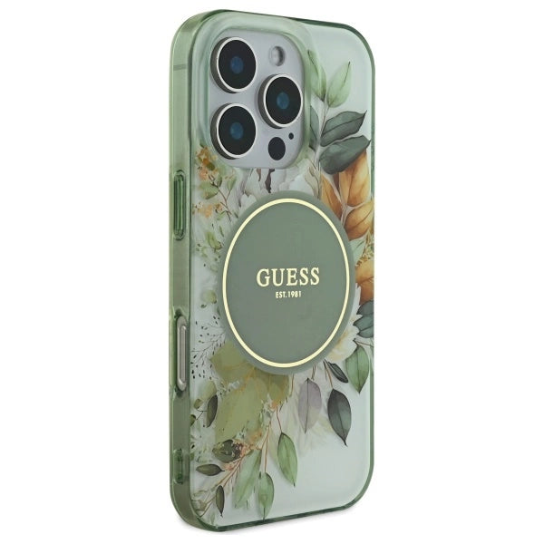 Guess IML Flower & Tonal Circle MagSafe-kasse til iPhone 16 Pro - grøn