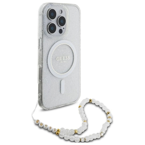Guess IML Glitter With Pearl Strap MagSafe iPhone 16 Pro Case - Clear