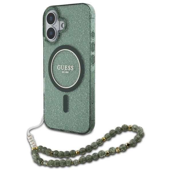 Guess IML Glitter med Pearl Strap MagSafe-fodral til iPhone 16 Plus - grøn