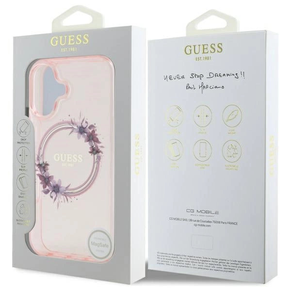 Guess IML Flowers Wreath MagSafe iPhone 16 Case - Pink