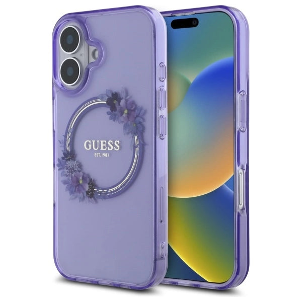 Guess IML Flowers Wreath MagSafe iPhone 16 Case - lilla