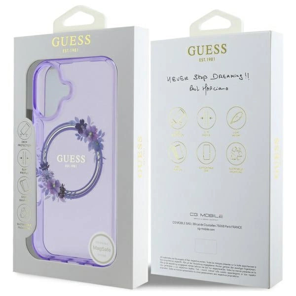 Guess IML Flowers Wreath MagSafe iPhone 16 Case - lilla