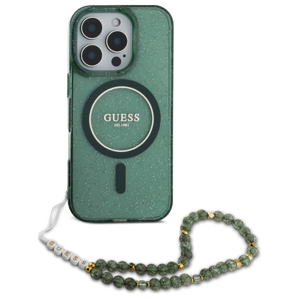 Guess IML Glitter med Pearl Strap MagSafe-fodral til iPhone 16 Pro Max - grøn
