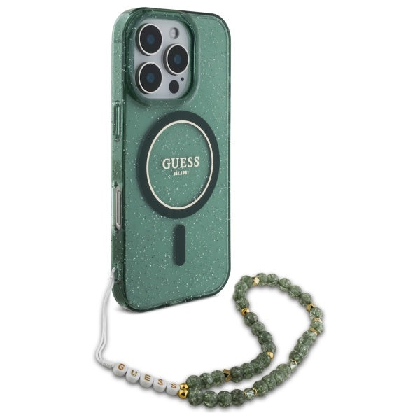 Guess IML Glitter med Pearl Strap MagSafe-fodral til iPhone 16 Pro Max - grøn