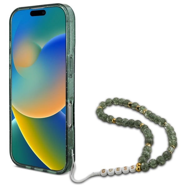 Guess IML Glitter med Pearl Strap MagSafe-fodral til iPhone 16 Pro Max - grøn