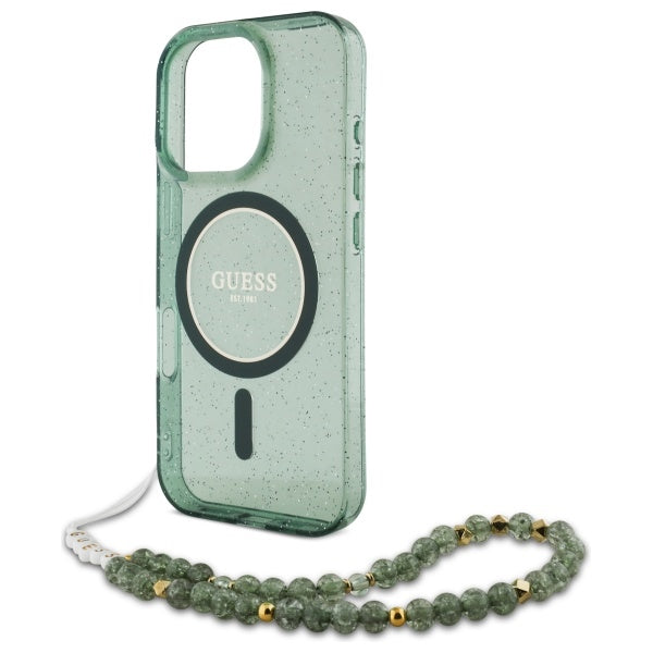 Guess IML Glitter med Pearl Strap MagSafe-fodral til iPhone 16 Pro Max - grøn