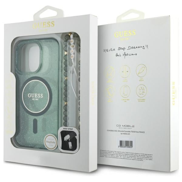 Guess IML Glitter med Pearl Strap MagSafe-fodral til iPhone 16 Pro Max - grøn